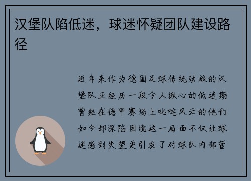 汉堡队陷低迷，球迷怀疑团队建设路径