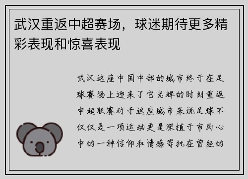 武汉重返中超赛场，球迷期待更多精彩表现和惊喜表现